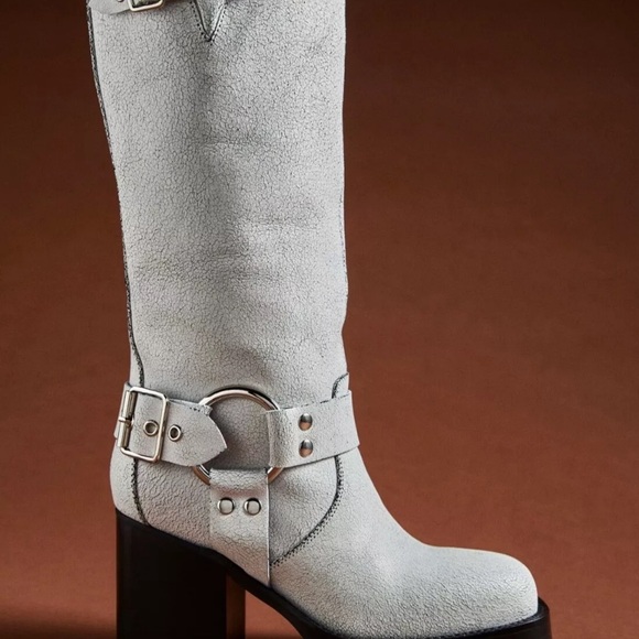 Anthropologie Jeffrey Campbell Tall Boots Harness Crackle Gray Leather - Picture 7 of 9